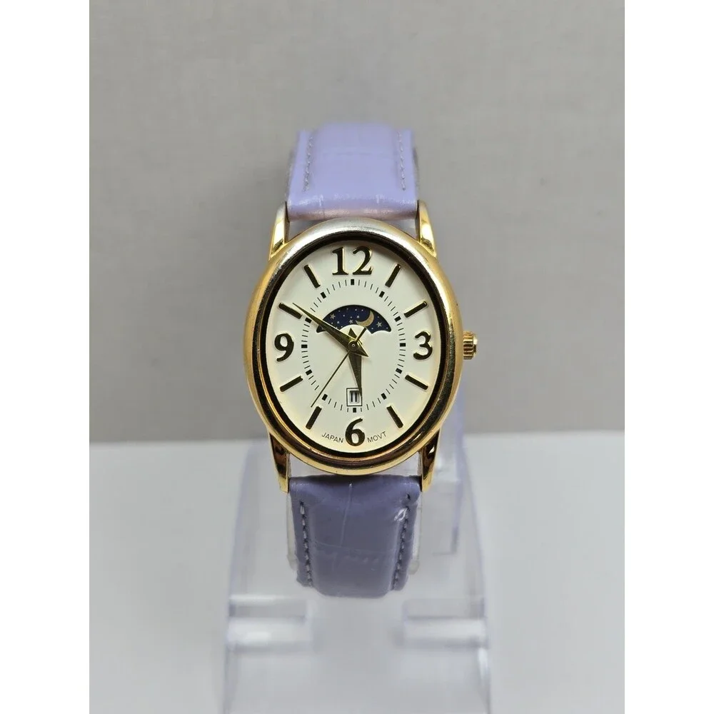 Womens Vintage Avon Moon Phase Date Womens Gold Tone Leather Watch New Battery